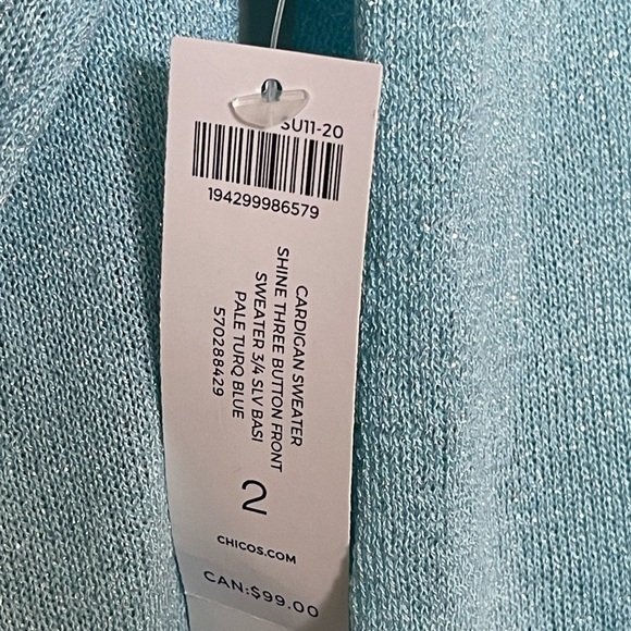 Chico's Shine Button Front 3/4 Sleeve Cardigan in Aqua Size 2‎ (L 14) NWT - Picture 4 of 5